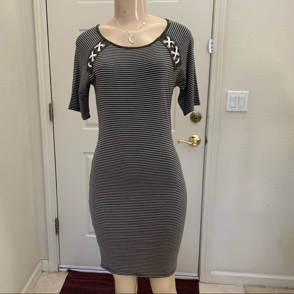 “HEART AND HIPS” Khaki Green & white striped dress